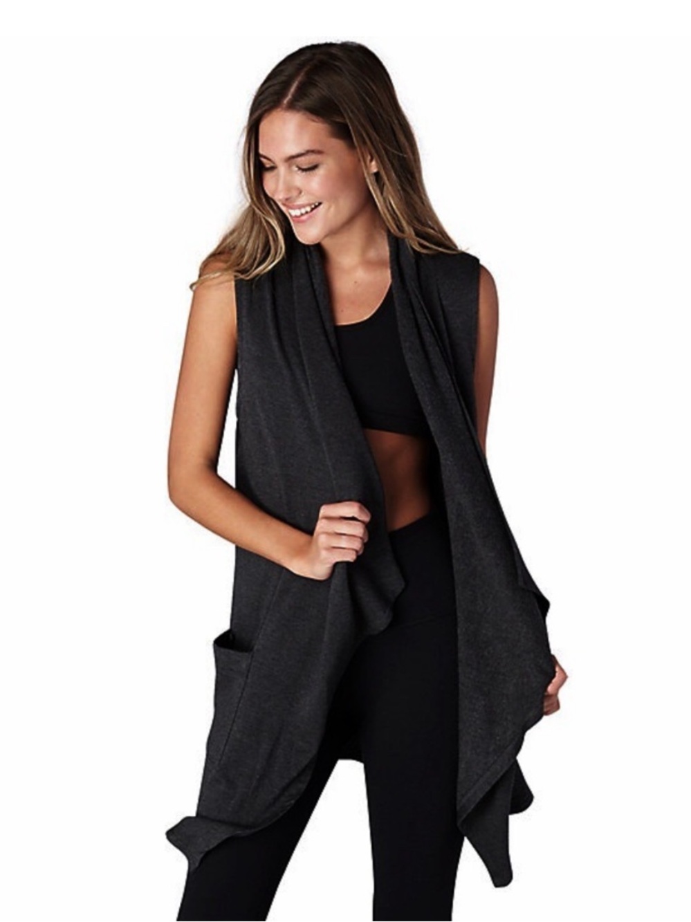 Beyond Yoga Satisfaction Draped Black Waterfall Cardigan Vest Made in USA Size M